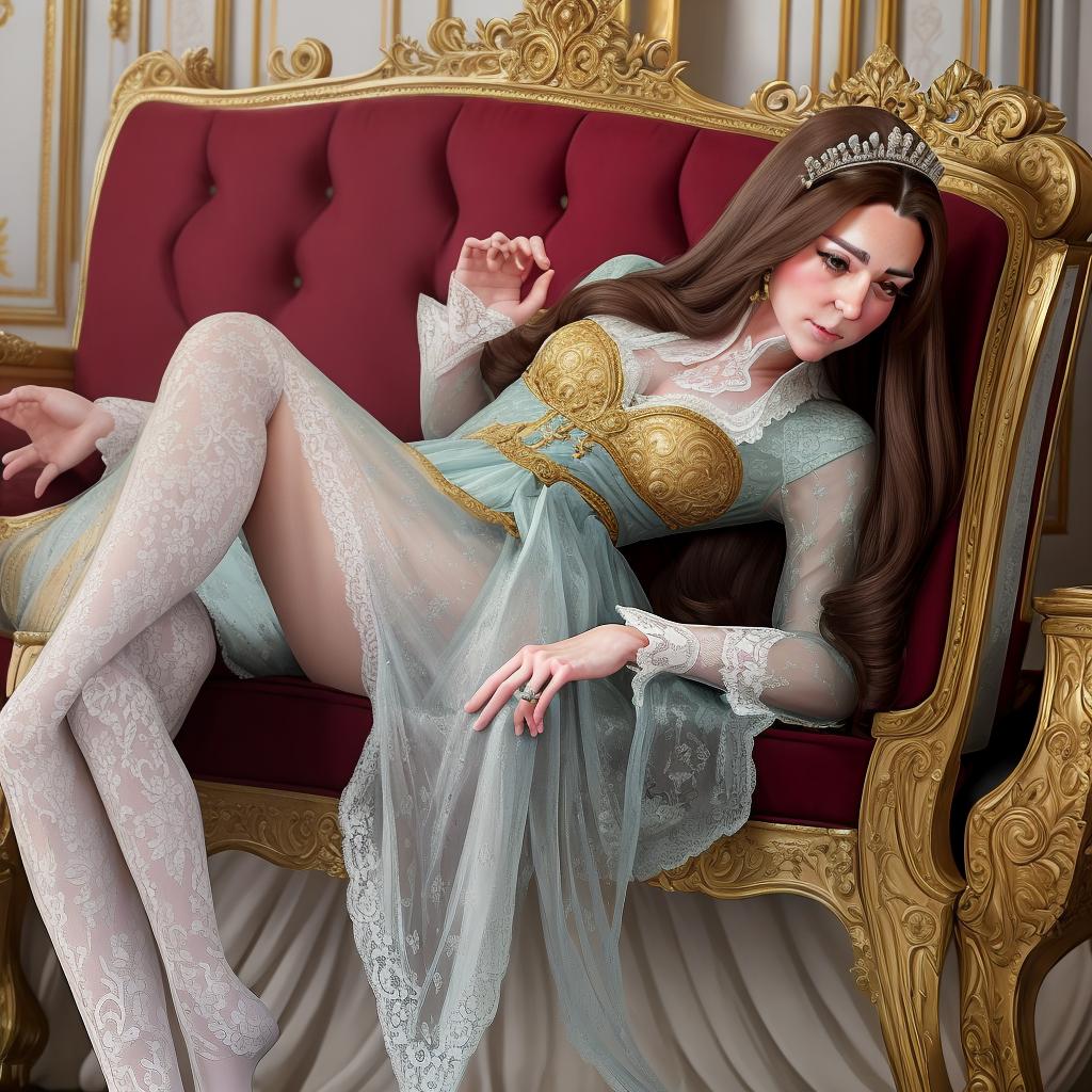  masterpiece, best quality, Capture a close-up shot of Kate Middleton elegantly kneeling on a royal velvet cushion, showcasing her sheer stockings with intricate lace details. The setting is a grand palace room with ornate furniture and golden accents, creating a regal atmosphere. The mood is sophisticated and graceful, highlighting the elegance of the royal figure. Style the photo in a realistic manner