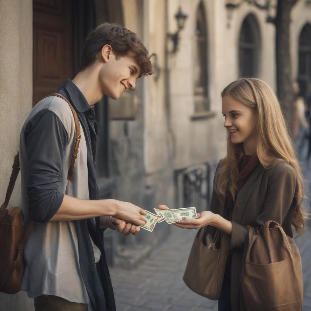  a young woman gives money to a young man, he wonders and thanks her