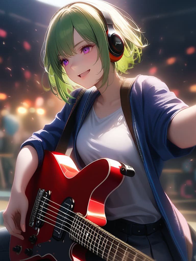  1girl,18yo,(((high school girl))),(((playing with an electric guitar:1.35))),green hair,short hair,purple eyes,headphone,very loud laugh,(((happy pose))),(((metallic focus))),music note effect,realistic