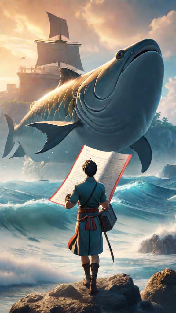  an anime art of a giant holding a monumental apology letter to fish man island. hyperrealistic, full body, detailed clothing, highly detailed, cinematic lighting, stunningly beautiful, intricate, sharp focus, f/1. 8, 85mm, (centered image composition), (professionally color graded), ((bright soft diffused light)), volumetric fog, trending on instagram, trending on tumblr, HDR 4K, 8K