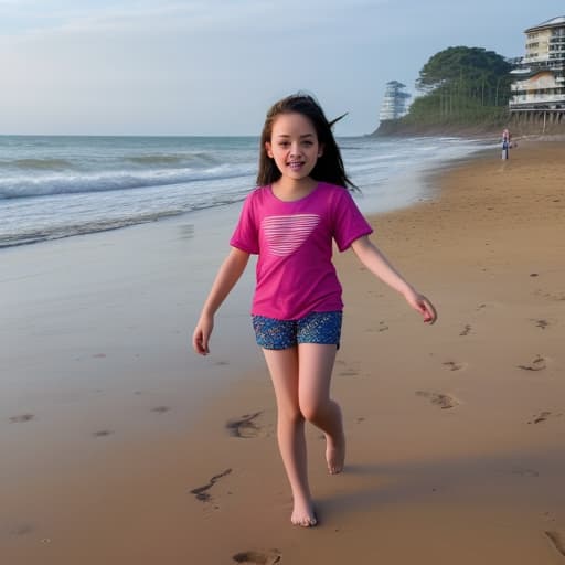  girl child wearing only shorts playing on beach