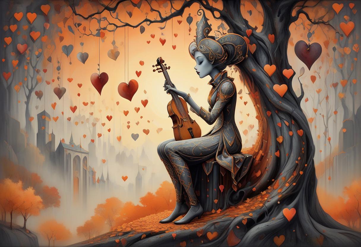  art deco style ink painting, by alexander jansson, charcoal, liner, a jester's elegant figure plays a musical instrument. she sits/stands leaning against a tree made of hearts depicted on a hill against a grey orange sky. tree covered with leaves in the shape of small glowing hearts. color palette autumn, romantic, beautiful, filigree, bright, cinematic color, unusual angle, complex detail, best composition, artistic, innovative use of light and shadow, modern. . geometric shapes, bold colors, luxurious, elegant, decorative, symmetrical, ornate, detailed