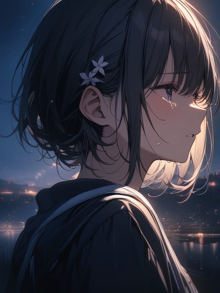  hair tip blue, black hair, short hair, braided ears, short hair, blue, illness, dark, night, depression, crying, masterpiece, best quality,8k,ultra detailed,high resolution,an extremely delicate and beautiful,hyper detail