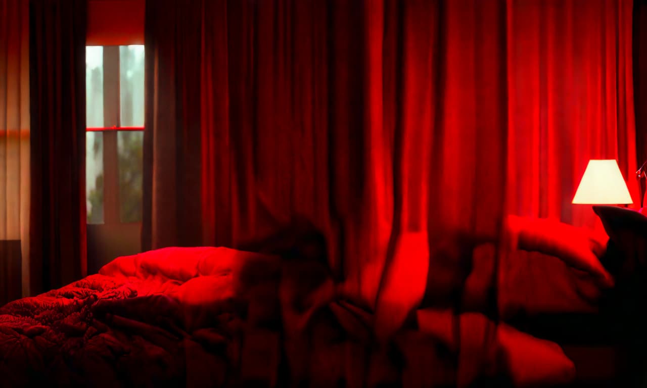  cinematic photo girl in the bedroom with large red bed . 35mm photograph, film, bokeh, professional, 4k, highly detailed, perfecteyes, film photography style hyperrealistic, full body, detailed clothing, highly detailed, cinematic lighting, stunningly beautiful, intricate, sharp focus, f/1. 8, 85mm, (centered image composition), (professionally color graded), ((bright soft diffused light)), volumetric fog, trending on instagram, trending on tumblr, HDR 4K, 8K