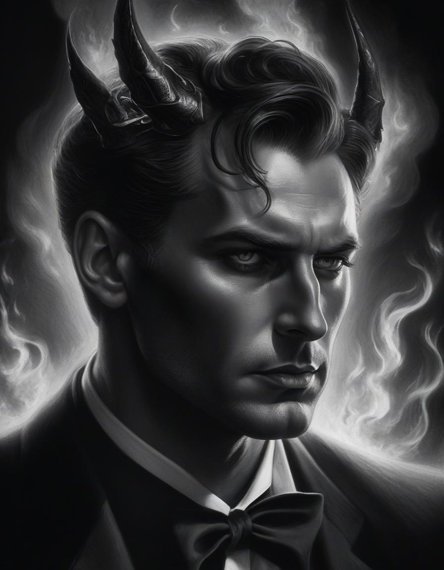  film noir style lucifer's face in close up, fiery tears flowing down his cheeks, black crown, fantasy, pencil drawing. . monochrome, high contrast, dramatic shadows, 1940s style, mysterious, cinematic