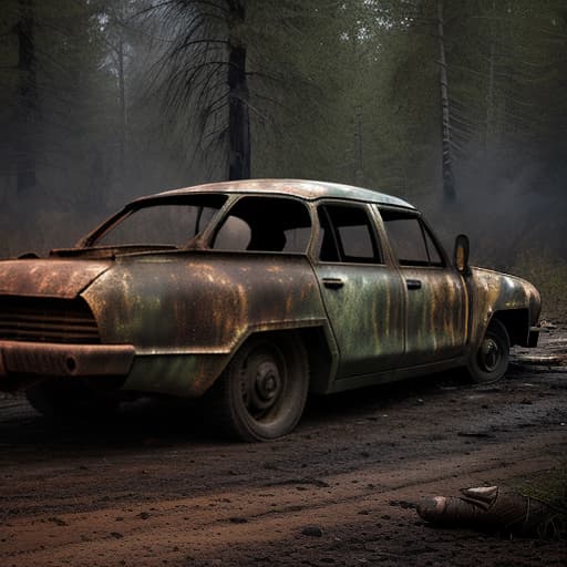  military car of unearthly origin, is long burned and destroyed on the road in the forest, a dark night covered with rust, without part of the details, realistic photo, photorealism