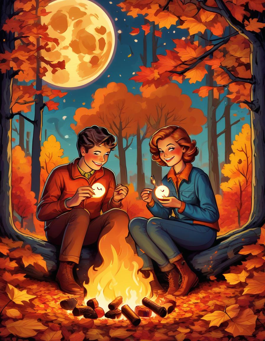  retro game art a couple in love in an autumn forest by a fire roasting marshmallows on sticks, a date with benefits, close up shot, a humorous cheerful look, loving eyes and hearts, autumn leaves caught by the wind swirl near them, a romantic large moon in the sky, comicbook, comicbook style . 16 bit, vibrant colors, pixelated, nostalgic, charming, fun