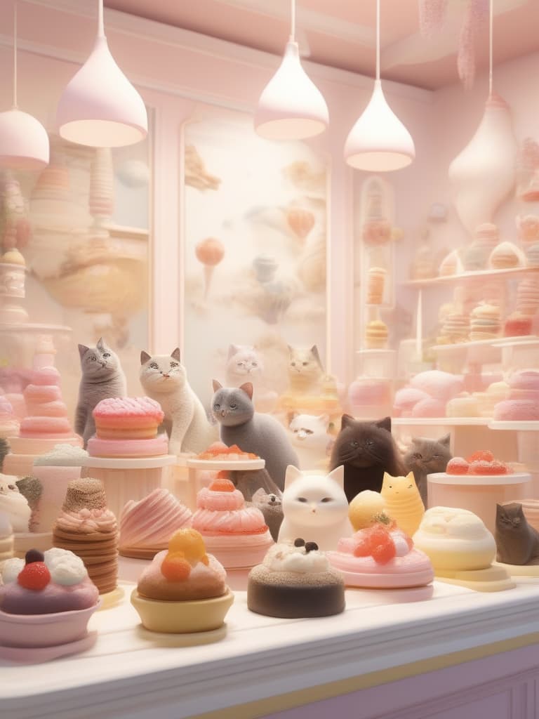  lots of dessert, pastel color, cat cafe, masterpiece, best quality,8k,ultra detailed,high resolution,an extremely delicate and beautiful,hyper detail