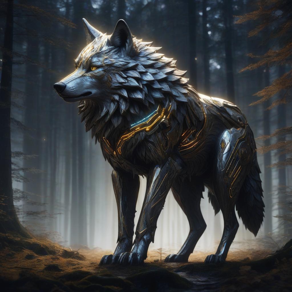  a futuristic masterpiece. a wolf's head, body. body perpendicular to the ground. four colors: black, silver, brown, gold. frost, forest in the background. nobility in the eyes, power. lots of zigzags, lace. neon lights on the back. rays of light directed at the head. nobility and majesty in the eyes. edward gow, andrew jones.