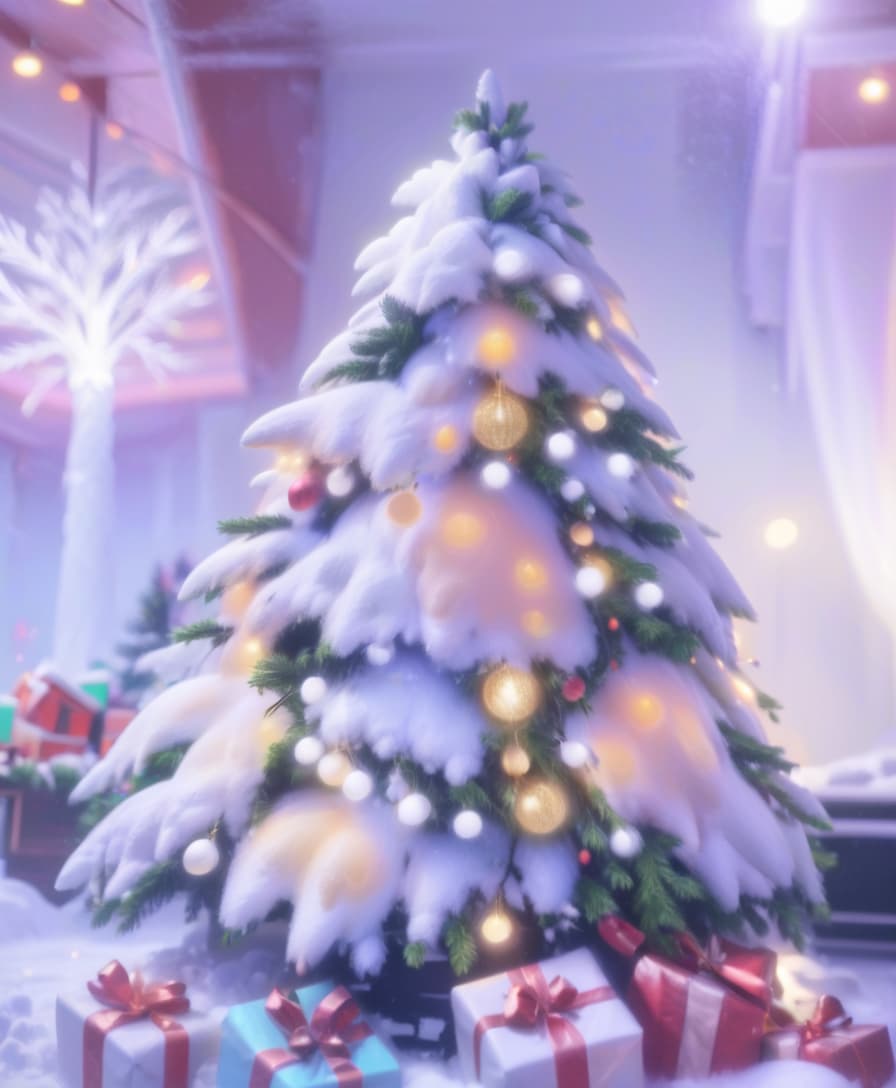  breathtaking christmas tree with a lot of snow on it, christmas tree with garlands anf lights . award winning, professional, highly detailed, civitai