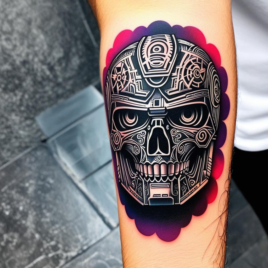  mayan, taco bell, terminator, (tattoo), (sleeve tattoo design on the arm)