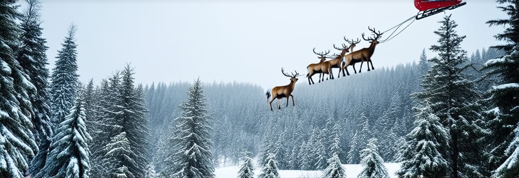  professional detailed photography, a team of reindeer and a red sleigh fly through the sky above a snowy forest. new year concept ar 3:1, (muted colors, dim colors, soothing tones), (vsco:0.3)