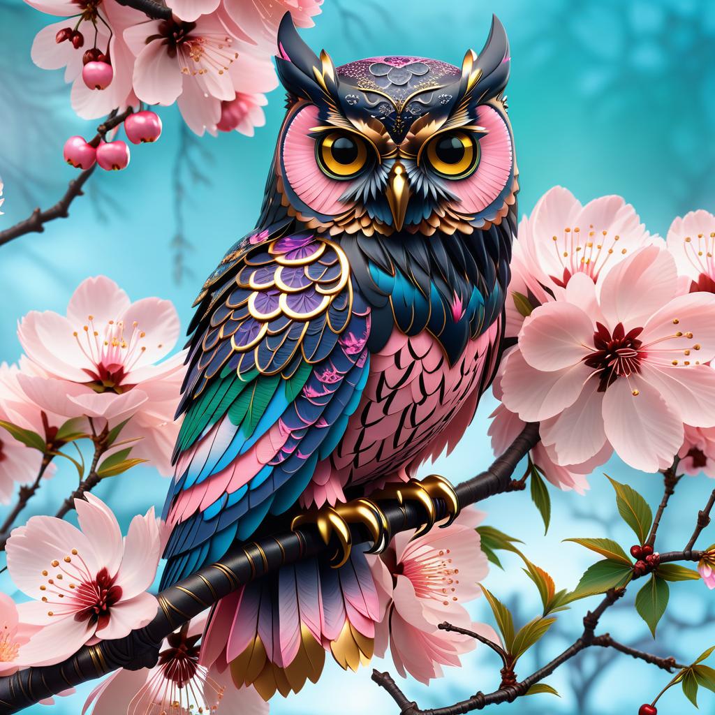  gothic style ((an owl sits surrounded by large cherry blossoms)) . (colours):pink, white pink, gold, green, light green, dark green, blue, dark purple, black. (style):fantasy, fairy tale, cartoon, gothic, tranquility, wisdom, mystery, mystery. . dark, mysterious, haunting, dramatic, ornate, detailed, civitai, hkmagic hyperrealistic, full body, detailed clothing, highly detailed, cinematic lighting, stunningly beautiful, intricate, sharp focus, f/1. 8, 85mm, (centered image composition), (professionally color graded), ((bright soft diffused light)), volumetric fog, trending on instagram, trending on tumblr, HDR 4K, 8K