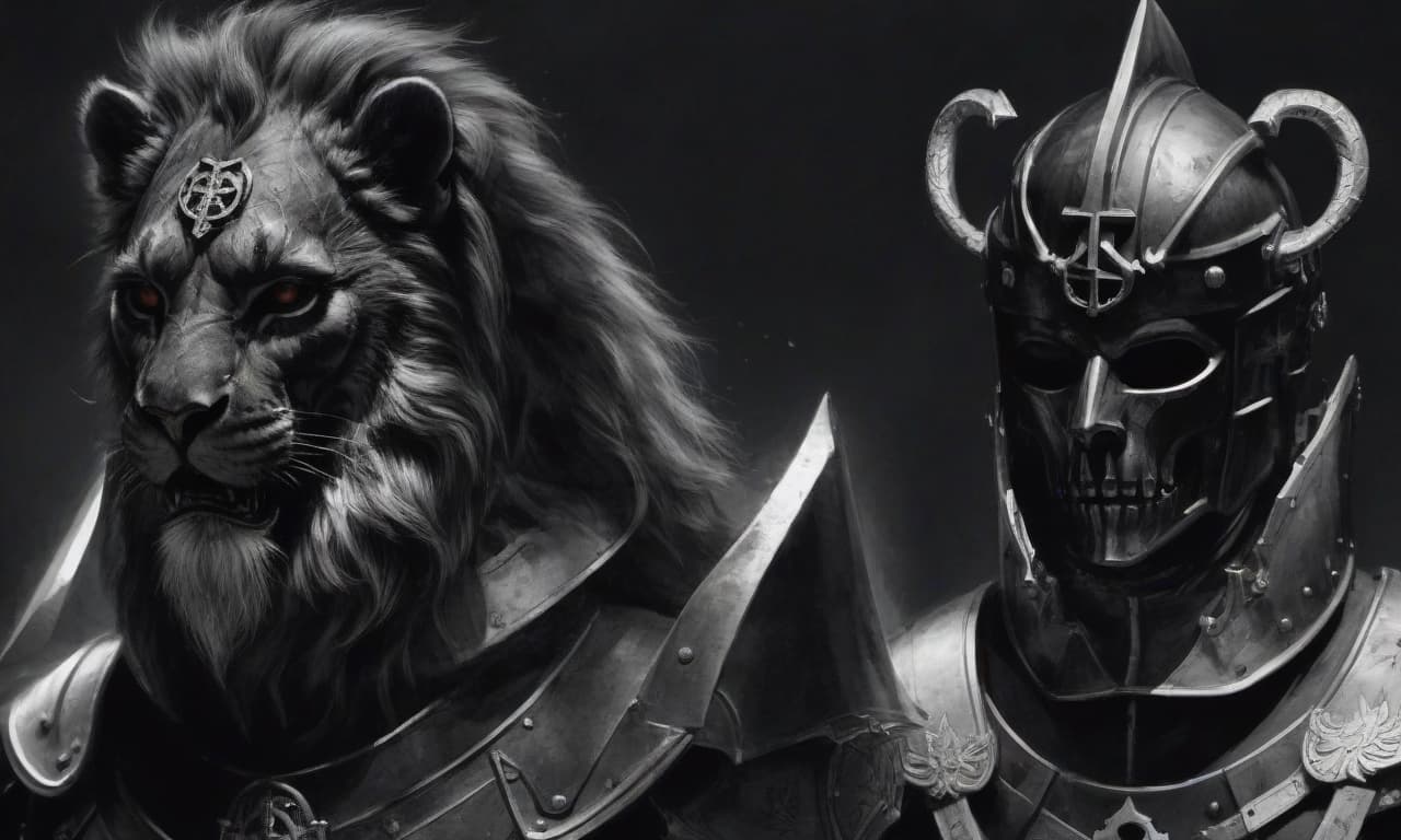  horror themed draw in black white style. the legion of the sons of night, an elite unit of knights, in a black dark universe of horrors, in iron armor with black cloaks, on their shoulder pads on the left is an engraving of an iron lion, and on the right is a white iron cross, their helmet slightly resembles images of an iron skull, and the head of a lion. several of these knights stand in a circle, in a black temple. . eerie, unsettling, dark, spooky, suspenseful, grim, highly detailed