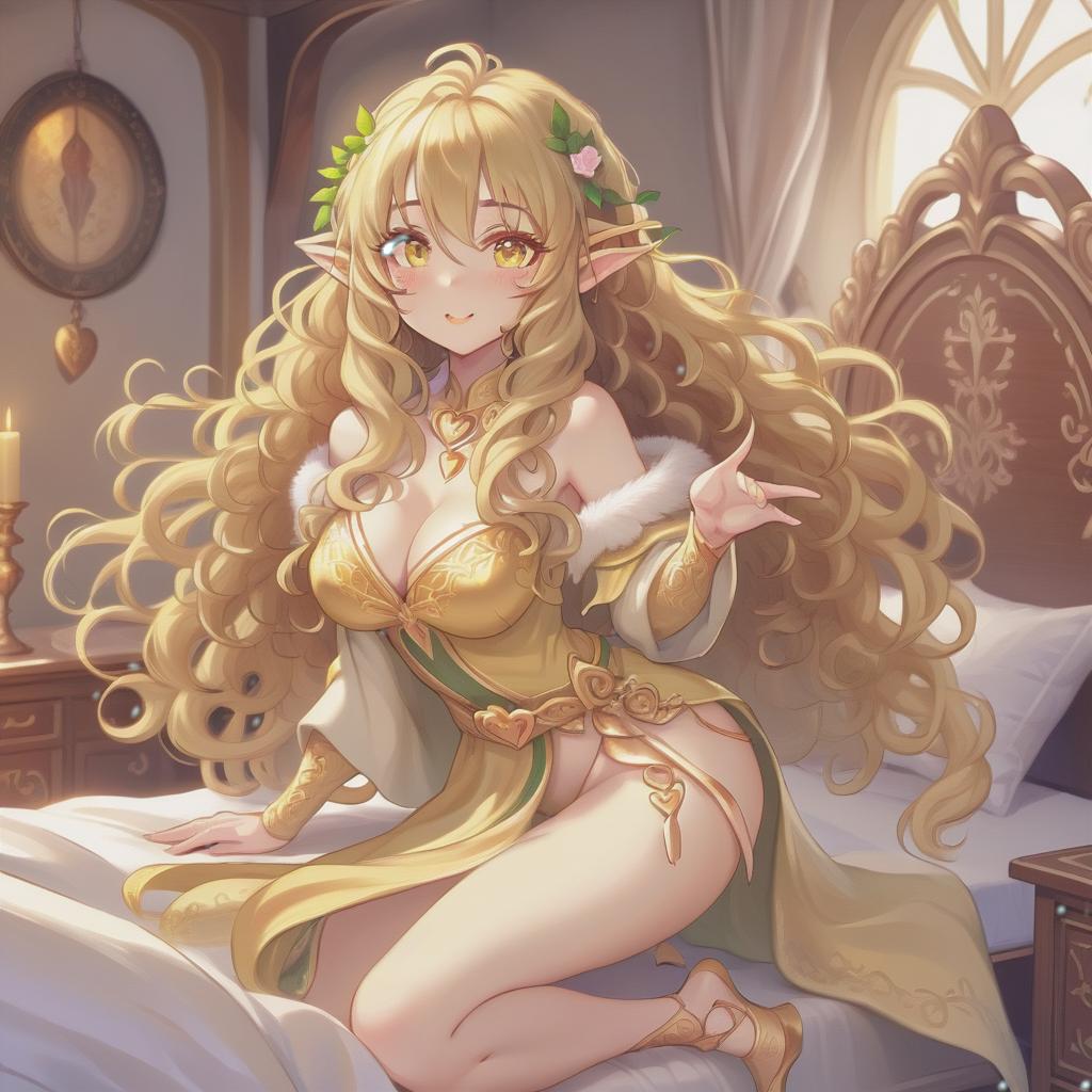  the girl elf is a very bright personality, funny, long curly hair of golden color, beautiful body type, large chest, not fat, fantasy world ancient robes, bedroom, very strong love