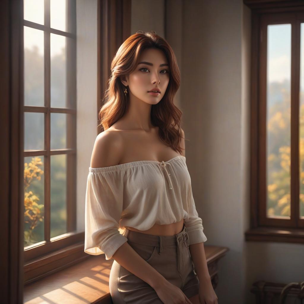  a girl, art style, brown hair color, straight hair, hairstyle square, anime style, is in a cozy room, standing by the window in a light top with bare shoulders, mysteriously looking out the window. hyperrealistic, full body, detailed clothing, highly detailed, cinematic lighting, stunningly beautiful, intricate, sharp focus, f/1. 8, 85mm, (centered image composition), (professionally color graded), ((bright soft diffused light)), volumetric fog, trending on instagram, trending on tumblr, HDR 4K, 8K