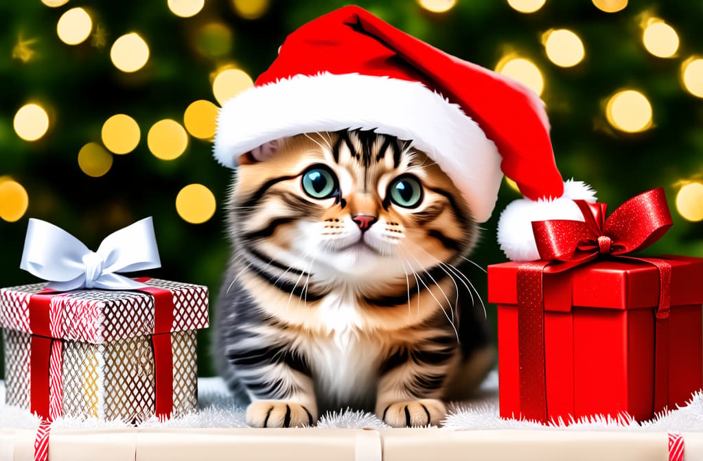  professional detailed photography, cute kitty with santa hat and christmass gifts at the bokeh background banner, copy space ar 3:2, (muted colors, dim colors, soothing tones), (vsco:0.3)