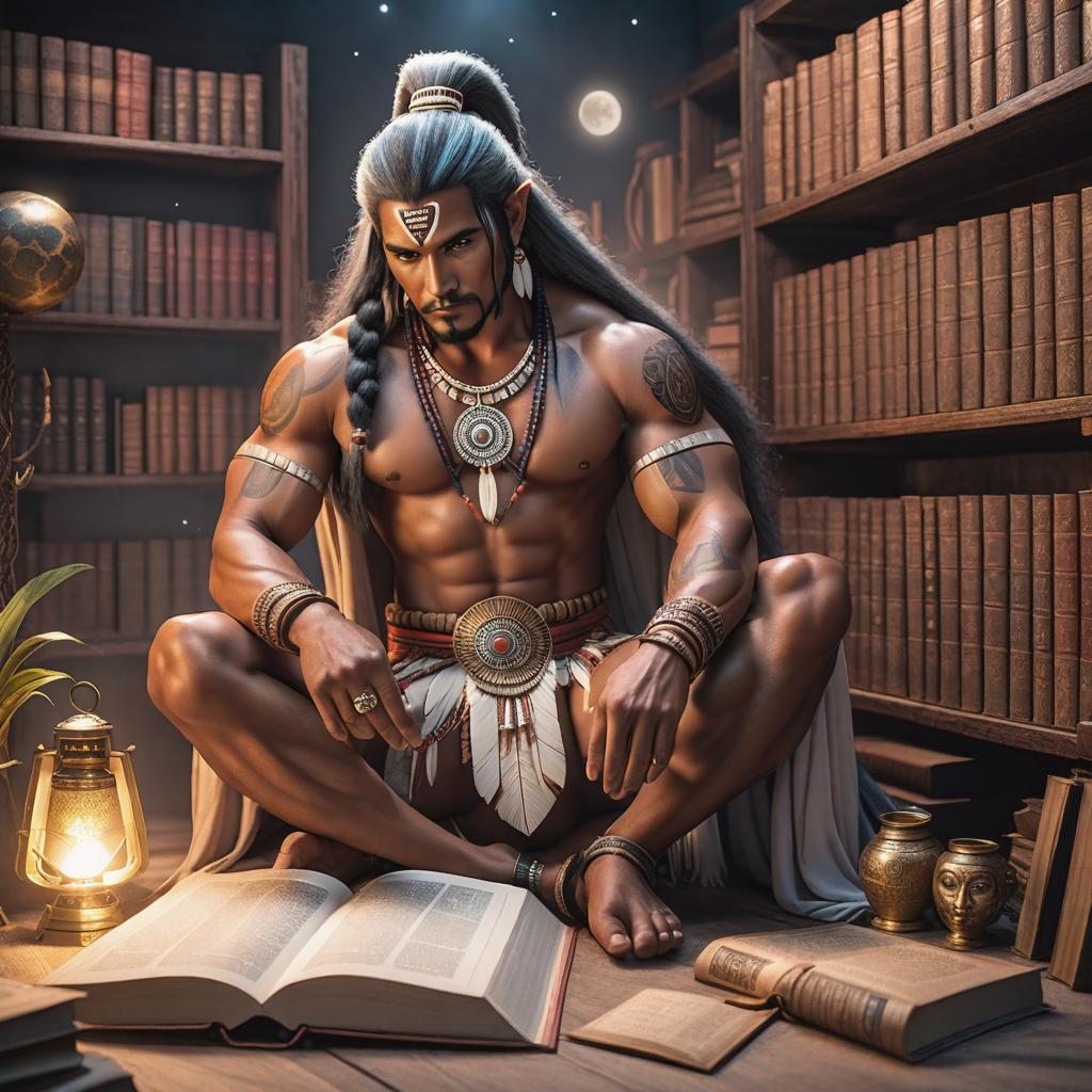  taino indian on the book looking at star, sitting on the ground back of his cupboard list of books. the ground is moon grey, no headdress, 8k, high quality., ((anime)) hyperrealistic, full body, detailed clothing, highly detailed, cinematic lighting, stunningly beautiful, intricate, sharp focus, f/1. 8, 85mm, (centered image composition), (professionally color graded), ((bright soft diffused light)), volumetric fog, trending on instagram, trending on tumblr, HDR 4K, 8K