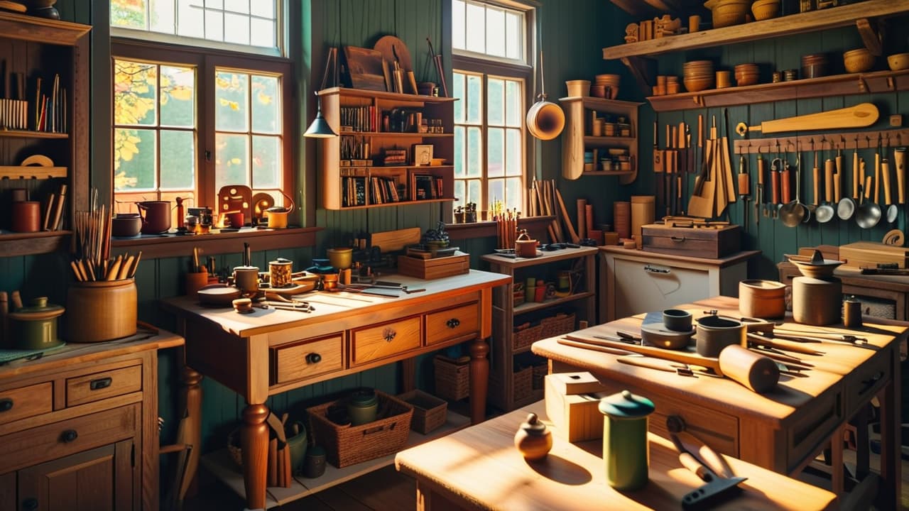  a vibrant workshop scene showcasing various woodworking projects: rustic furniture, intricate carvings, wooden toys, and home decor items, surrounded by tools, shavings, and a warm glow from natural light filtering through a window. hyperrealistic, full body, detailed clothing, highly detailed, cinematic lighting, stunningly beautiful, intricate, sharp focus, f/1. 8, 85mm, (centered image composition), (professionally color graded), ((bright soft diffused light)), volumetric fog, trending on instagram, trending on tumblr, HDR 4K, 8K