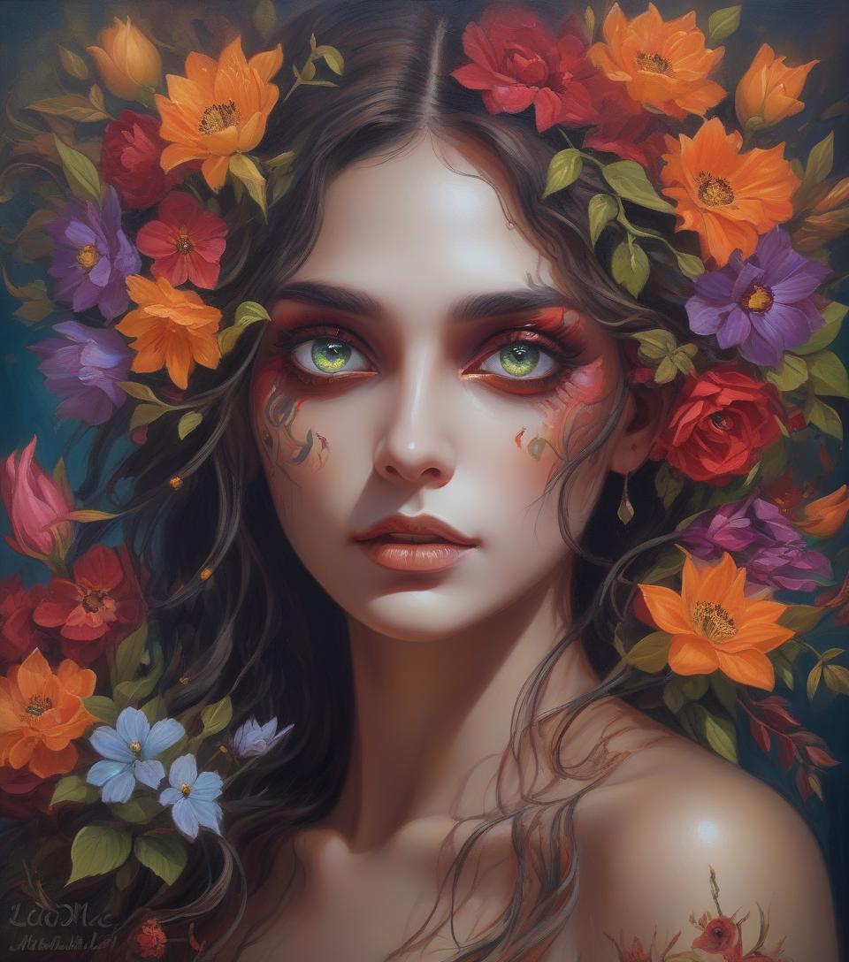  <mymodel>nataasha beautiful woman with flowers, oil painting, detailed fiery eyes, ethereal glow, dark and mysterious, high quality, vibrant colors, surreal, haunting, intricate floral details, intense gaze, mystical atmosphere, oil painting, demon, hybrid, fiery eyes, ethereal, vibrant colors, surreal, haunting, floral details, intense gaze, mystical atmosphere