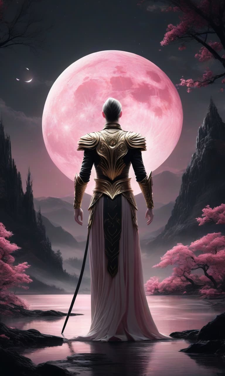  concept art color pink, white, black, gold moonlight man . digital artwork, illustrative, painterly, matte painting, highly detailed, perfect hands