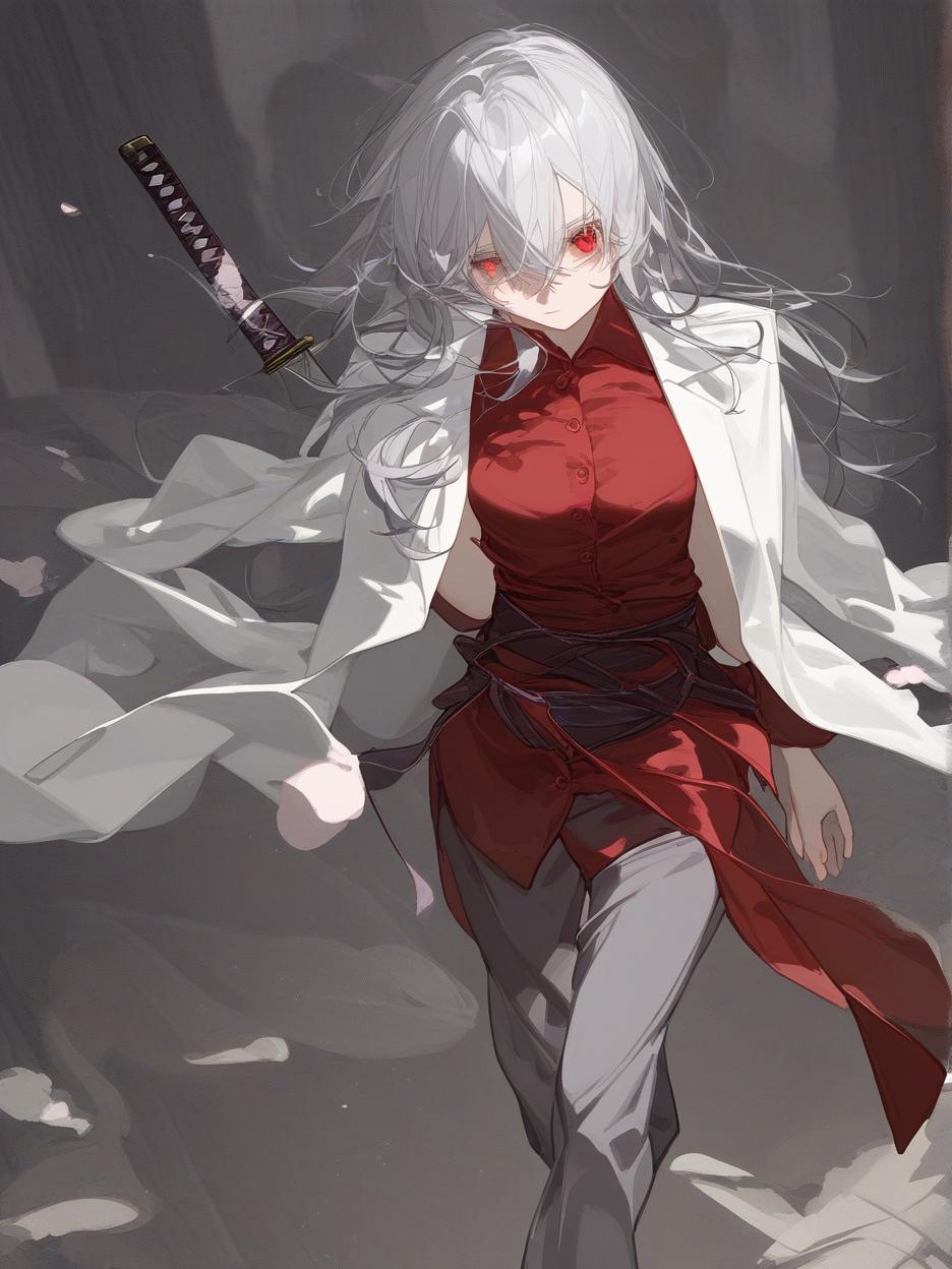  create for me a character with anime manga art. a woman with long, frayed silver hair, which even covers her face. she has deep, lifeless red eyes resembling wine. she wears dark dress pants. a red dress shirt with buttons on its front seam, two thin belts under its bust. a light gray lab coat on the shoulders. she walks around with two katanas around her waist. she´s in combat pose. . best quality, high resolution