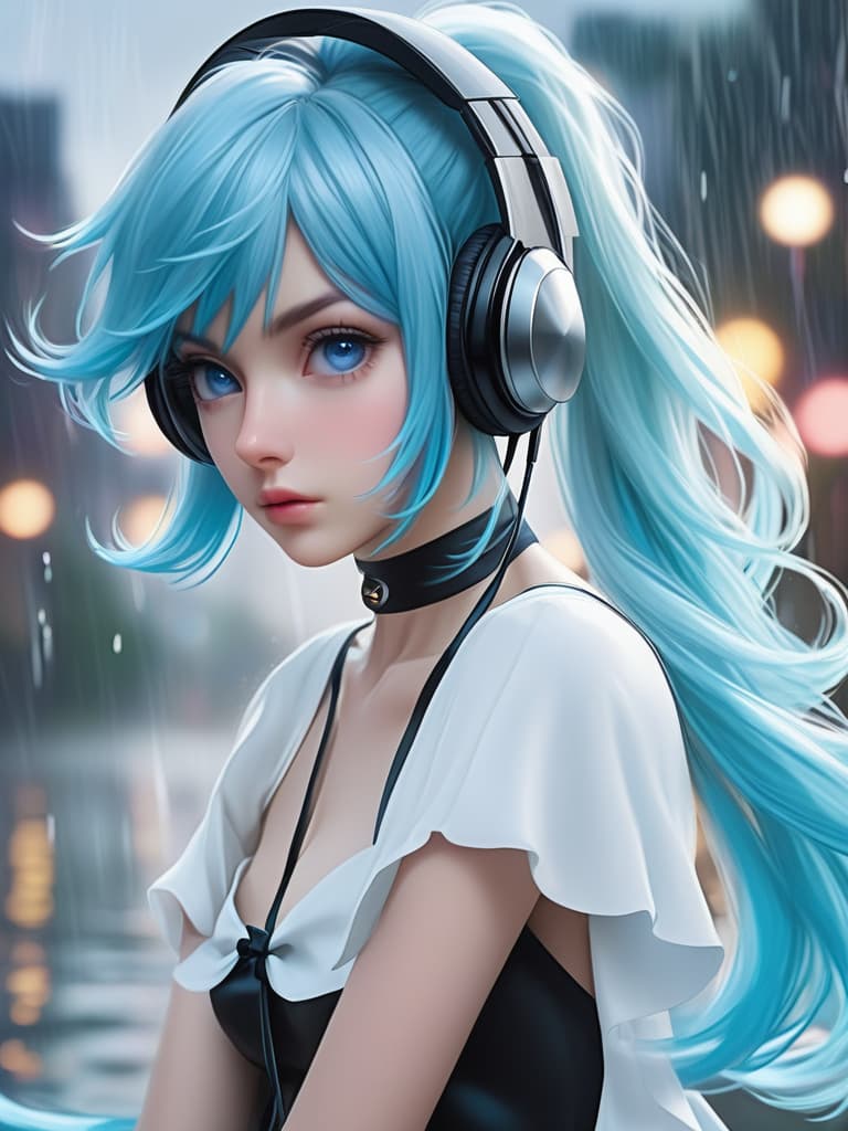  masterpiece, beautiful , beautiful eyes like pearl, extremely delicate facial depiction, heavy rain, medium shot, exaggerated perspective, poster, androgyny, fashion, dramatic lighting, strong tones, 32k uhd, 1, solo, long hair, looking at viewer, bangs, blue eyes, hair ornament, bow, hair between eyes, twintails, very long hair, closed mouth, blue hair, upper body, hair bow, choker, looking back, blurry, from side, aqua eyes, looking to the side, aqua hair, black bow, night, depth of field, blurry background, headphones, bokeh, hatsune miku, 1, solo, , , close up, legs up, legs together, lower body, 3d animation, skin texture, detailed hair, portrait, she is a silver haired woman with roughly cut ba