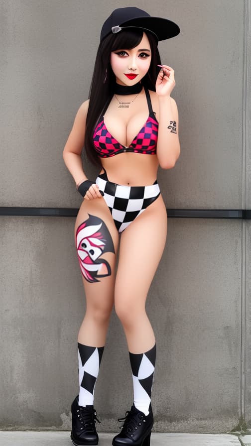  Full body checker flag pattern body paint, checker flag pattern face paint, succubus, full body image 女性