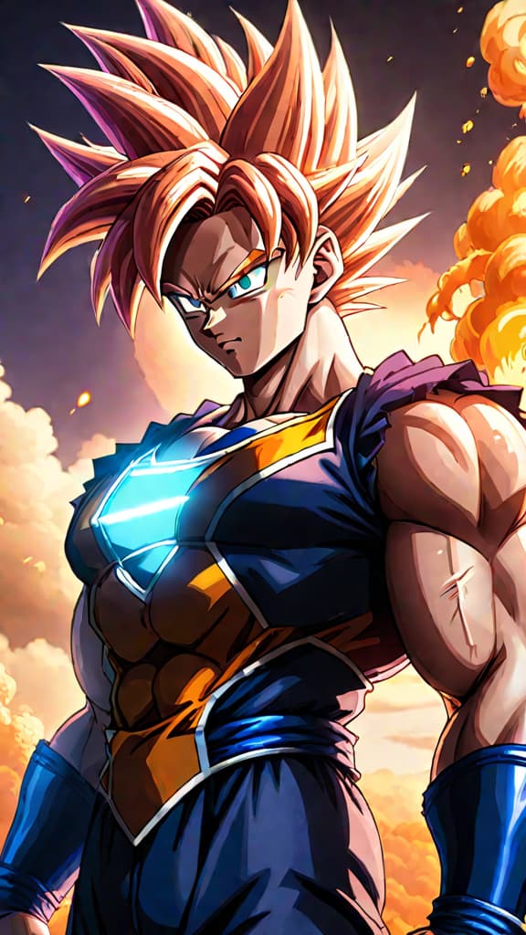  anime art: dragon ball z saiyan divine origins hinted by celestial connections, super saiyan transformation, and ultra instinct technique. hyperrealistic, full body, detailed clothing, highly detailed, cinematic lighting, stunningly beautiful, intricate, sharp focus, f/1. 8, 85mm, (centered image composition), (professionally color graded), ((bright soft diffused light)), volumetric fog, trending on instagram, trending on tumblr, HDR 4K, 8K