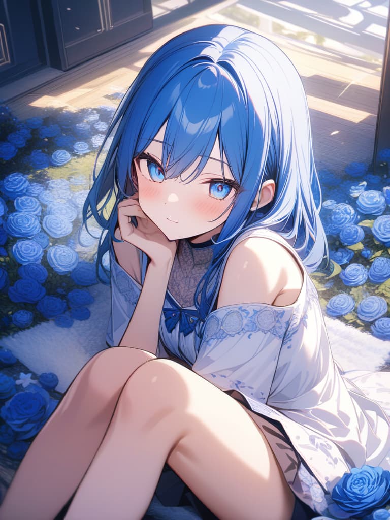  clothes, girls, girls, cool, blue flowers carpets with blue hair, blue eyes, blue flowers, flowers., masterpiece, best quality,8k,ultra detailed,high resolution,an extremely delicate and beautiful,hyper detail