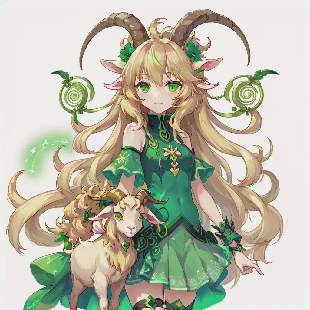  anime artwork anthropomorphic goat, blonde, long hair, curls, bangs, dressed in fairy core style, green eyes. a picture is an avatar for vitubing, neutral color background . anime style, key visual, vibrant, studio anime, highly detailed