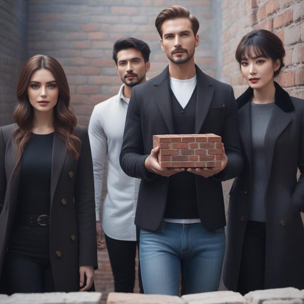  Two men and two women A man holds an antique brick hyperrealistic, full body, detailed clothing, highly detailed, cinematic lighting, stunningly beautiful, intricate, sharp focus, f/1. 8, 85mm, (centered image composition), (professionally color graded), ((bright soft diffused light)), volumetric fog, trending on instagram, trending on tumblr, HDR 4K, 8K