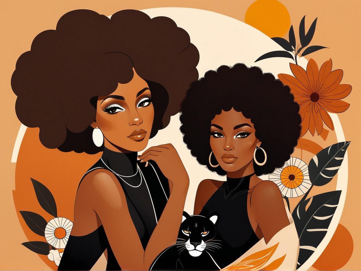  minimalism, a beautiful african woman with brown skin. with an afro. she wears a flowy black outfit. she is resting with a panther. a retro brown 70s flower design is in the background, abstract, simple geometic shapes, hard edges, sleek contours, minimalism