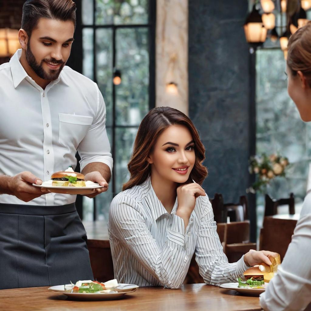  a waitress is serving a table. four people are sitting at that table. the waitress places her hands behind her back, award winning, professional, highly detailed, masterpiece