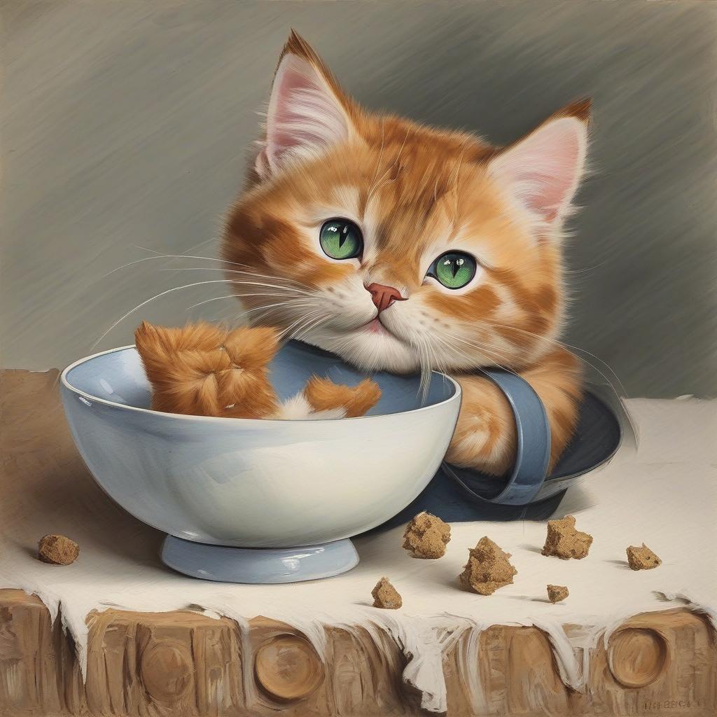  masterpiece, best quality, A cat drinking milk in a dish