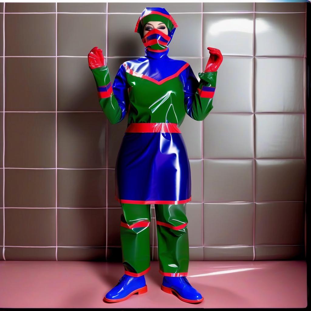  "hyperdetalisation, woman, mistress surgeon, in dressed three color surgical suit, made of glossy latex, standing alone, full length, front view, full face, dressed in, surgical gown, knee length, with elastic waistband, long sleeves, with elastic cuffs, upper part of surgical gown, (from collar to waist), glossy latex dark green, belt at waist, glossy latex red, lower part of surgical gown, (from hem to waist), glossy latex dark blue, in the center of the surgical gown there is an emblem in the form of surgical forceps "burdizzo", upper part of sleeve, (from shoulder to elbow), glossy latex dark blue, lower part of sleeve, (from elbow to cuff), glossy latex dark green, cuffs on sleeve, glossy latex red, (bib with collar), made of glossy d