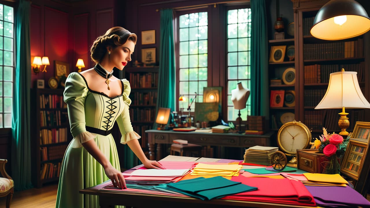  a vibrant costume design workspace, featuring colorful fabric swatches, intricate sketches on a table, measuring tape, sewing tools, and a mannequin dressed in an ornate costume, surrounded by inspiration boards showcasing historical costumes. hyperrealistic, full body, detailed clothing, highly detailed, cinematic lighting, stunningly beautiful, intricate, sharp focus, f/1. 8, 85mm, (centered image composition), (professionally color graded), ((bright soft diffused light)), volumetric fog, trending on instagram, trending on tumblr, HDR 4K, 8K