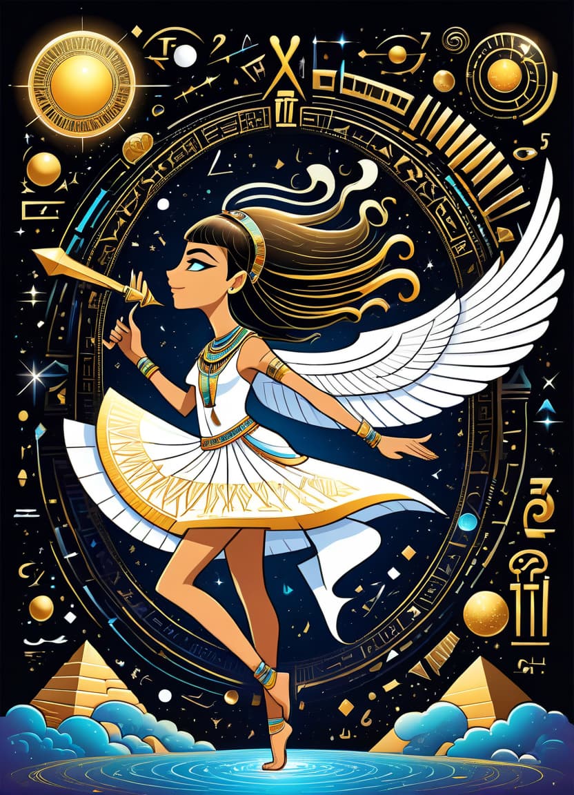  a humorous illustration. bright colors, cartoon style. on the black background, shiny contours outlines of silhouette of a egiptian girl made of egyptian hieroglyphs, (white color egyptian hieroglyphs:1.4), that float around him, flying clocks, frame with intricate thin ornamentation from comet, stars and cosmic dust: (thin: 1,4) lines,