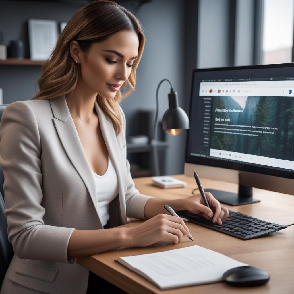  A friendly AI assistant writing a response to a user on a computer, asking what the user's Instagram Reel video is about. The background is a cozy office with a minimalistic design and a warm, welcoming atmosphere. hyperrealistic, full body, detailed clothing, highly detailed, cinematic lighting, stunningly beautiful, intricate, sharp focus, f/1. 8, 85mm, (centered image composition), (professionally color graded), ((bright soft diffused light)), volumetric fog, trending on instagram, trending on tumblr, HDR 4K, 8K