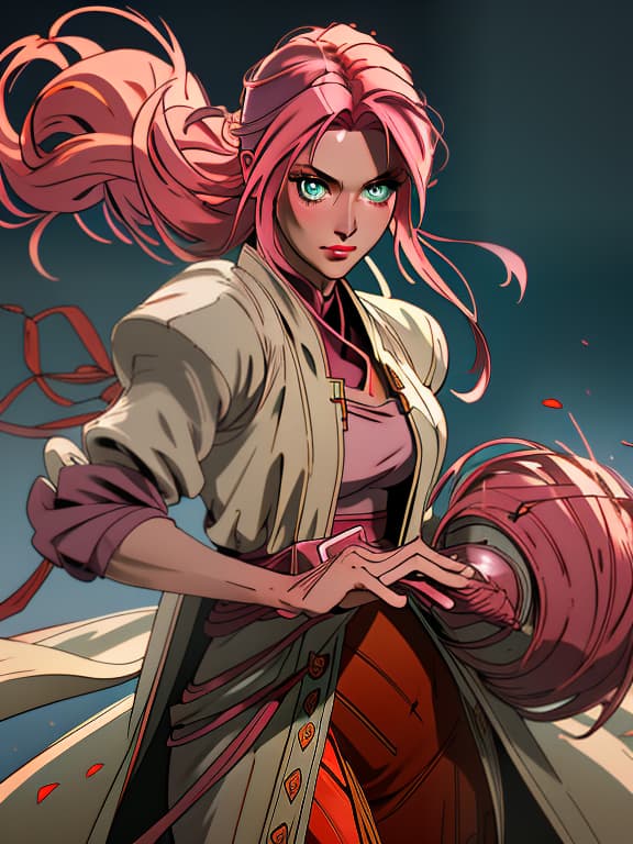  Character Sakura Haruno. Green eyes. A mop of long, , pink hair. High quality portrait concept art depicting a fantastic and beautiful young , perfect anatomy, high detail, excellent poses. dancing in fire with knives and metal., (intricate details:0.9), (hdr, hyperdetailed:1.2) hyperrealistic, full body, detailed clothing, highly detailed, cinematic lighting, stunningly beautiful, intricate, sharp focus, f/1. 8, 85mm, (centered image composition), (professionally color graded), ((bright soft diffused light)), volumetric fog, trending on instagram, trending on tumblr, HDR 4K, 8K