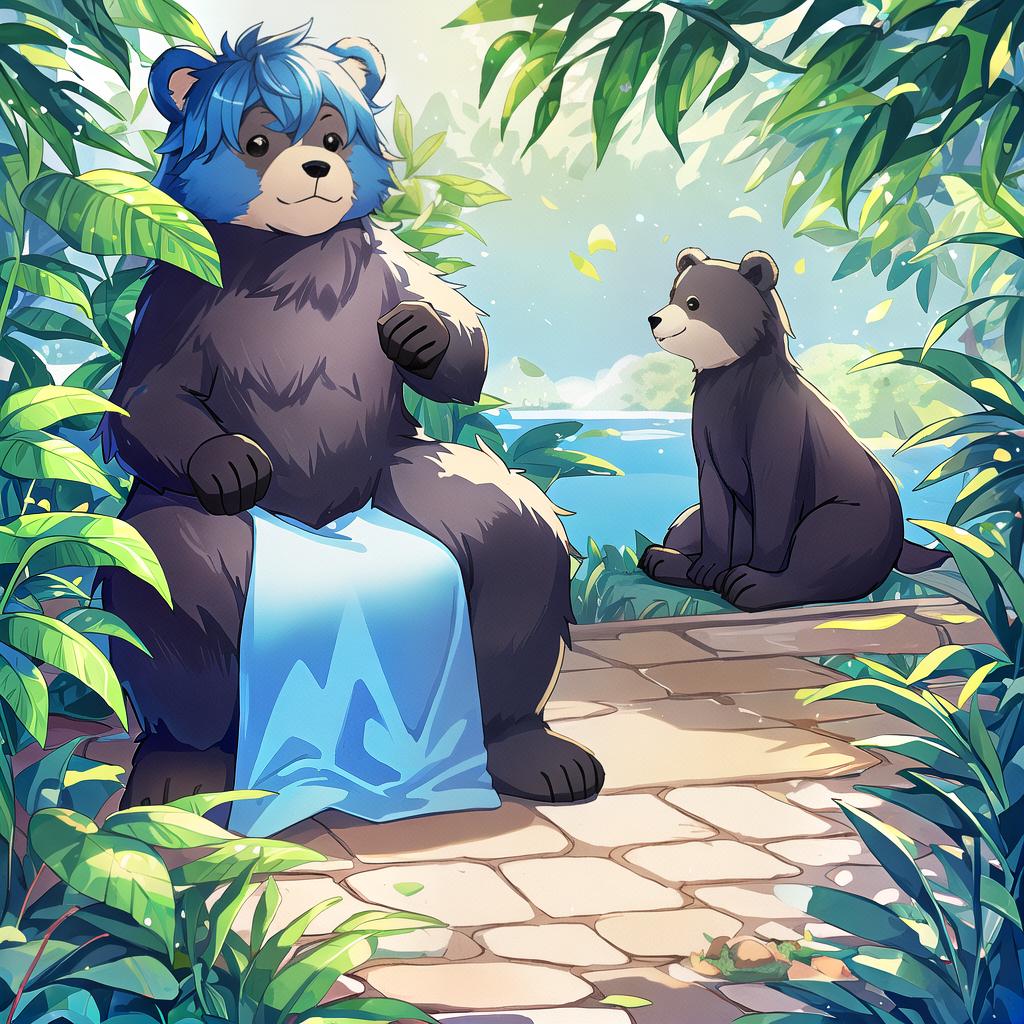  bear in sitting on blue chair in zoo, cute illustration