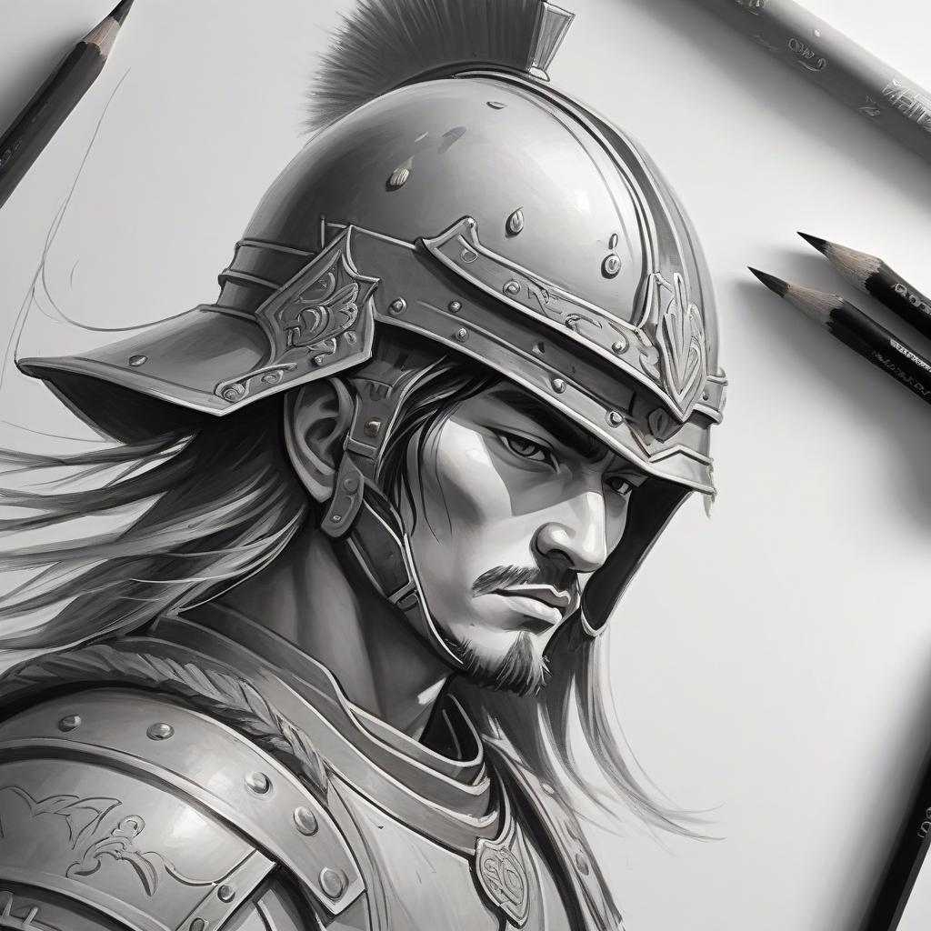  sketching with short strokes, (short strokes:1.5), painting with a simple pencil, painting with grey pencil, black and white, close up, mongolian warrior man in helmet. contours.