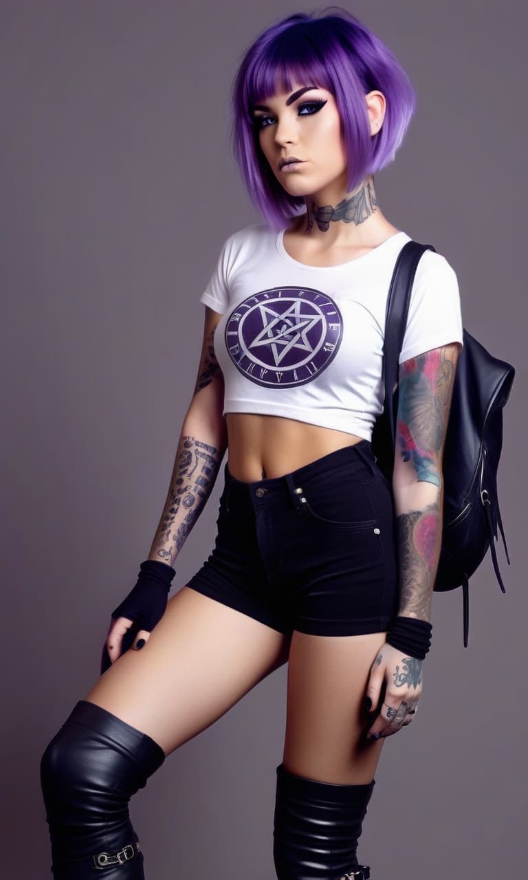  girl with purple hair, bob haircut. white top, tattoos on hands, half gloves. black short shorts, knee pads, knee high boots. rocker girl, logo