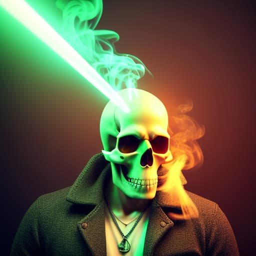  generate images of a skull head smoking marijuana and the smoke is flowing off of the marijuana. hyperrealistic, full body, detailed clothing, highly detailed, cinematic lighting, stunningly beautiful, intricate, sharp focus, f/1. 8, 85mm, (centered image composition), (professionally color graded), ((bright soft diffused light)), volumetric fog, trending on instagram, trending on tumblr, HDR 4K, 8K