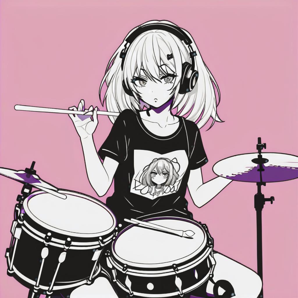  line art drawing drum n bass girl, same nightmare. anime style . professional, sleek, modern, minimalist, graphic, line art, vector graphics