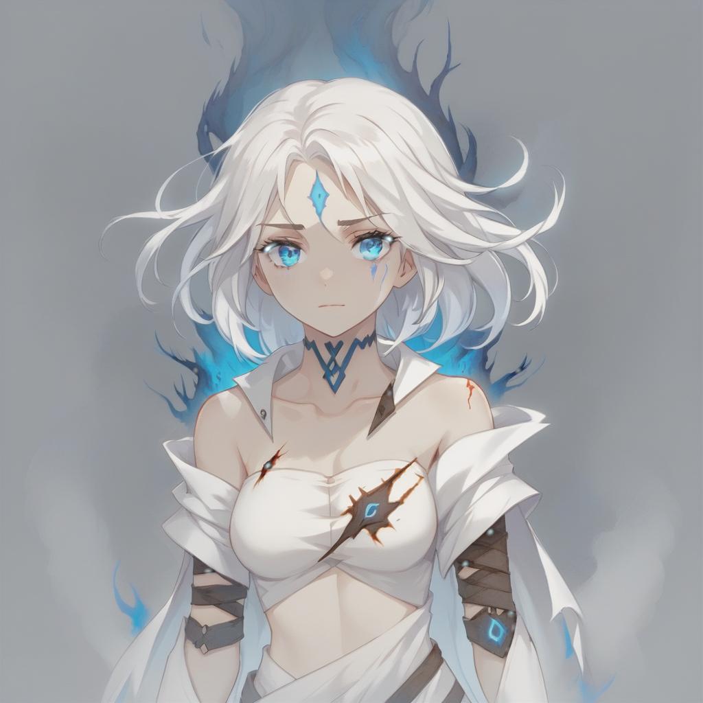  concept art white haired girl with burns and scars with blue eyes . digital artwork, illustrative, painterly, matte painting, highly detailed