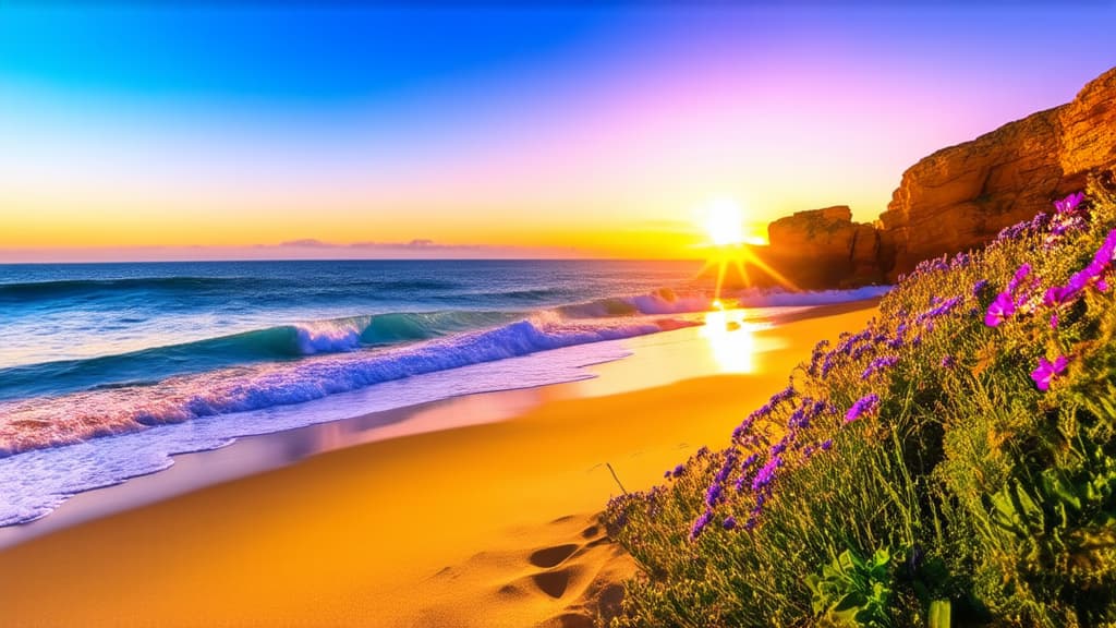  sun sets over the ocean on the beach, romance, 4k uhd wallpaper, sea waves, sandy and rocky shore with purple flowers, breathtaking beautiful beach, amazing depth, absolutely outstanding image, sun flooded, sand, sea, rocks, flowers, beach photography,wallpaper ar 16:9 {prompt}, maximum details