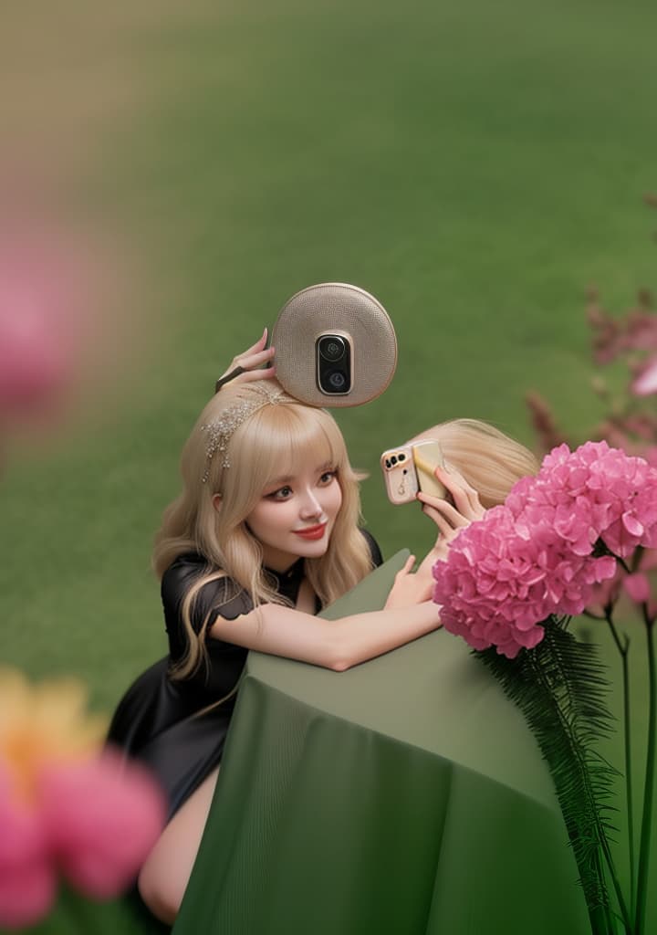  a young woman with soft, harmonious features. she has fair skin and light blonde hair, long with bangs framing her face. she is wearing a simple, elegant black dress that adds a touch of sophistication and grace. in the picture, she is taking a selfie while holding her phone confidently, with a subtle smile that adds a hint of spontaneity and charm. the background is simple, focusing attention on her natural beauty, and the lighting is soft and natural, enhancing the realistic feel. hyperrealistic, full body, detailed clothing, highly detailed, cinematic lighting, stunningly beautiful, intricate, sharp focus, f/1. 8, 85mm, (centered image composition), (professionally color graded), ((bright soft diffused light)), volumetric fog, trending on instagram, trending on tumblr, HDR 4K, 8K