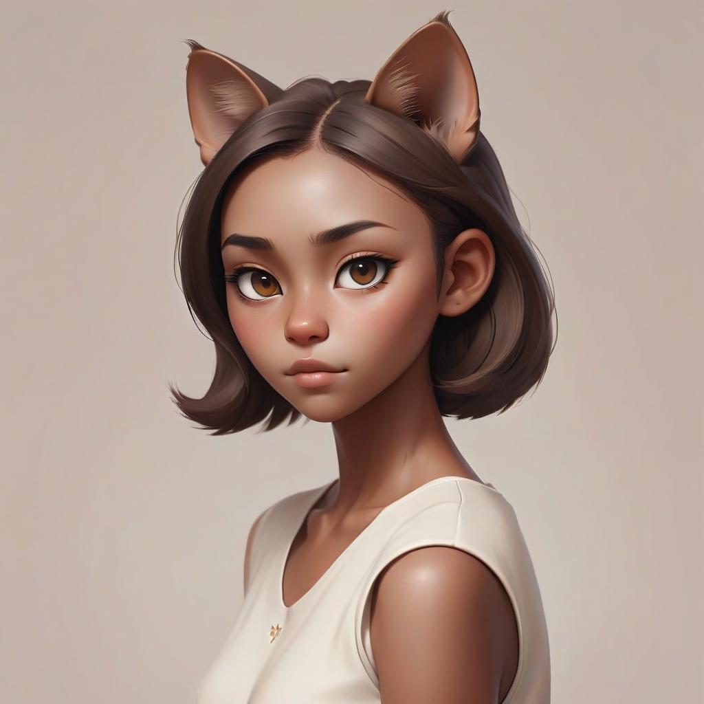  minimalist style girl with dark skin, brown hair and hazel. asian eyes. on the head of the cat's ears . simple, clean, uncluttered, modern, elegant, logo