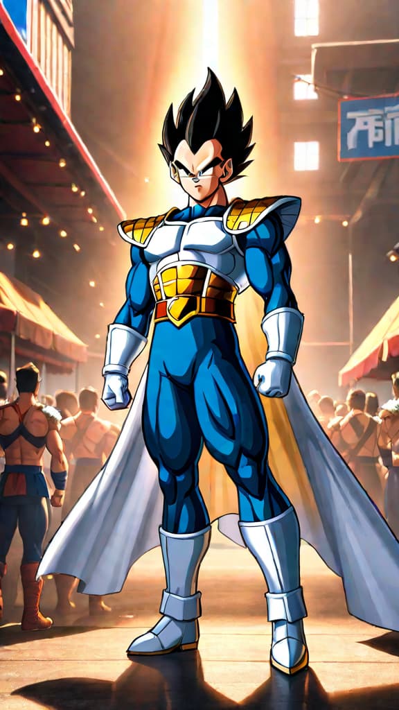  anime art: vegeta from dragon ball z, groomed for greatness in warrior culture under king vegeta's rule. hyperrealistic, full body, detailed clothing, highly detailed, cinematic lighting, stunningly beautiful, intricate, sharp focus, f/1. 8, 85mm, (centered image composition), (professionally color graded), ((bright soft diffused light)), volumetric fog, trending on instagram, trending on tumblr, HDR 4K, 8K